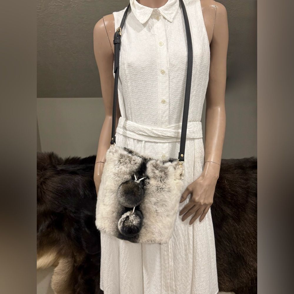 Handmade 2 Tone Real Rex Rabbit Fur Drawstring Bucket Bag,Includes 2 Straps - Picture 10 of 15